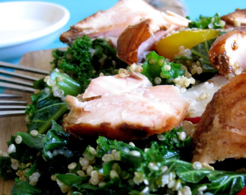 salmon on kale and quinoa salad